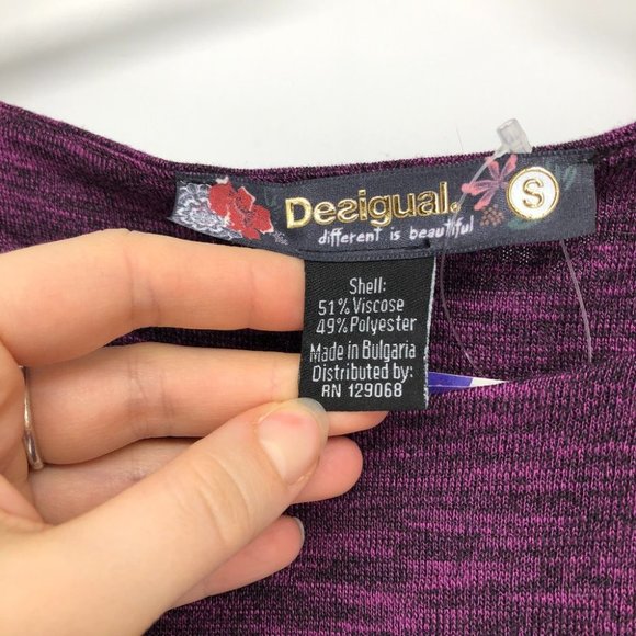 Desigual NWT Purple Heathered Regina graphic tulip hem 3/4 sleeve shirt SP - Picture 7 of 16